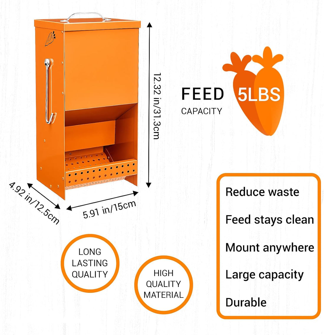 Rabbit Feeders Automatic for Cages,Orange 5 Pound Large Metal Trough