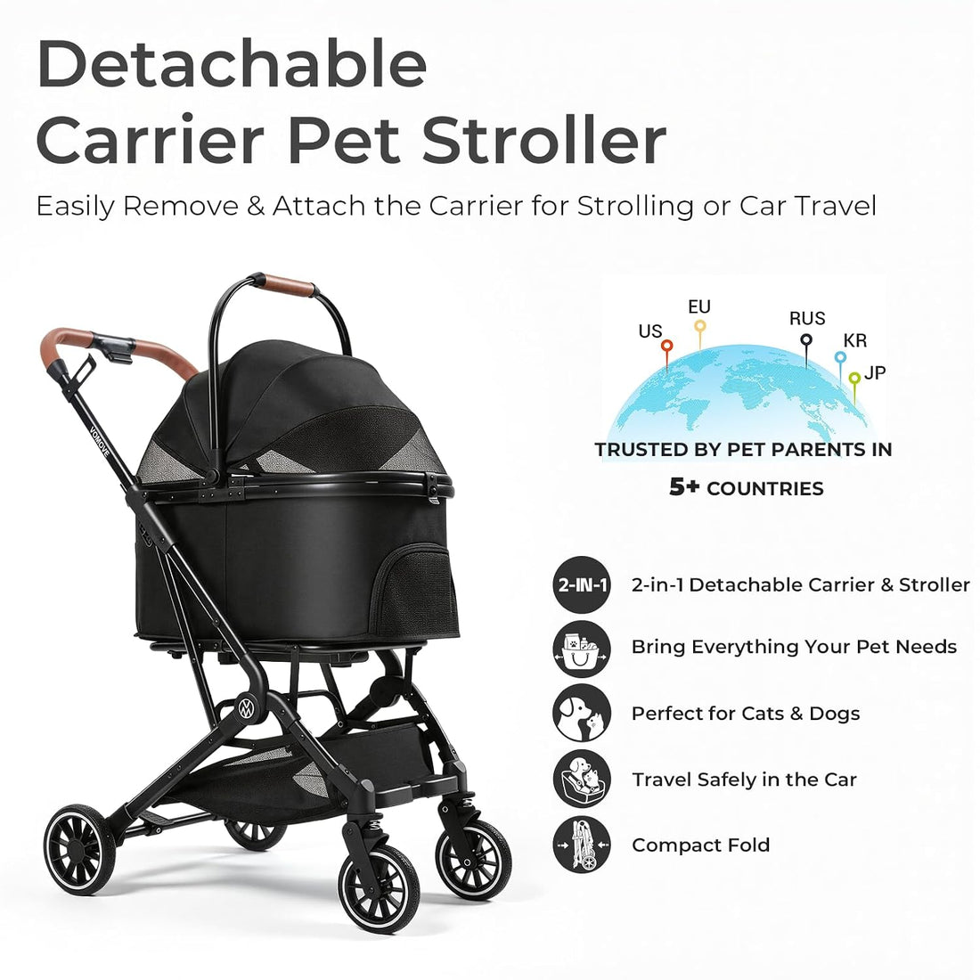 Foldable Pet Stroller for Cats and Small Dog with Detachable Carrier