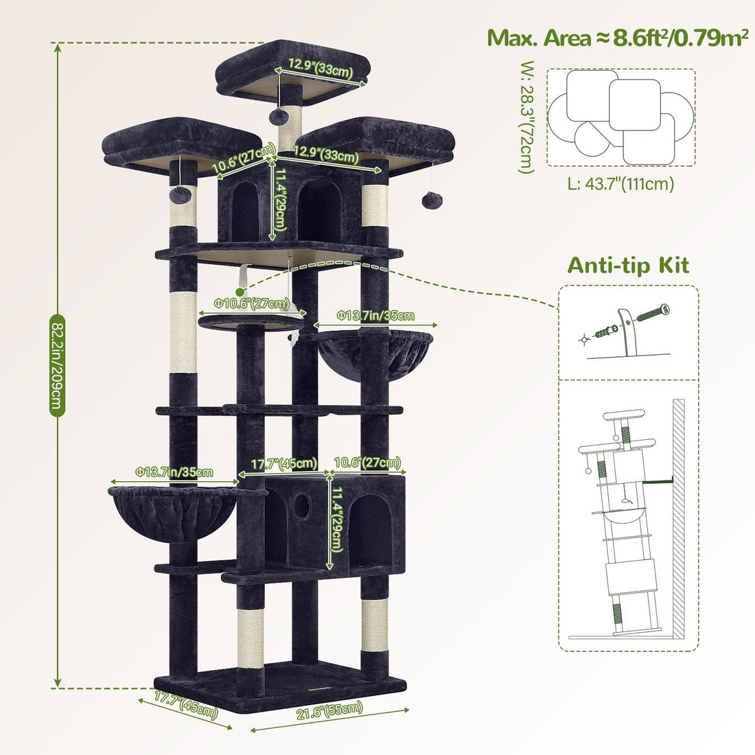 Globlazer Cat Tree Tower for Multiple Adult Cats, 82in, F82