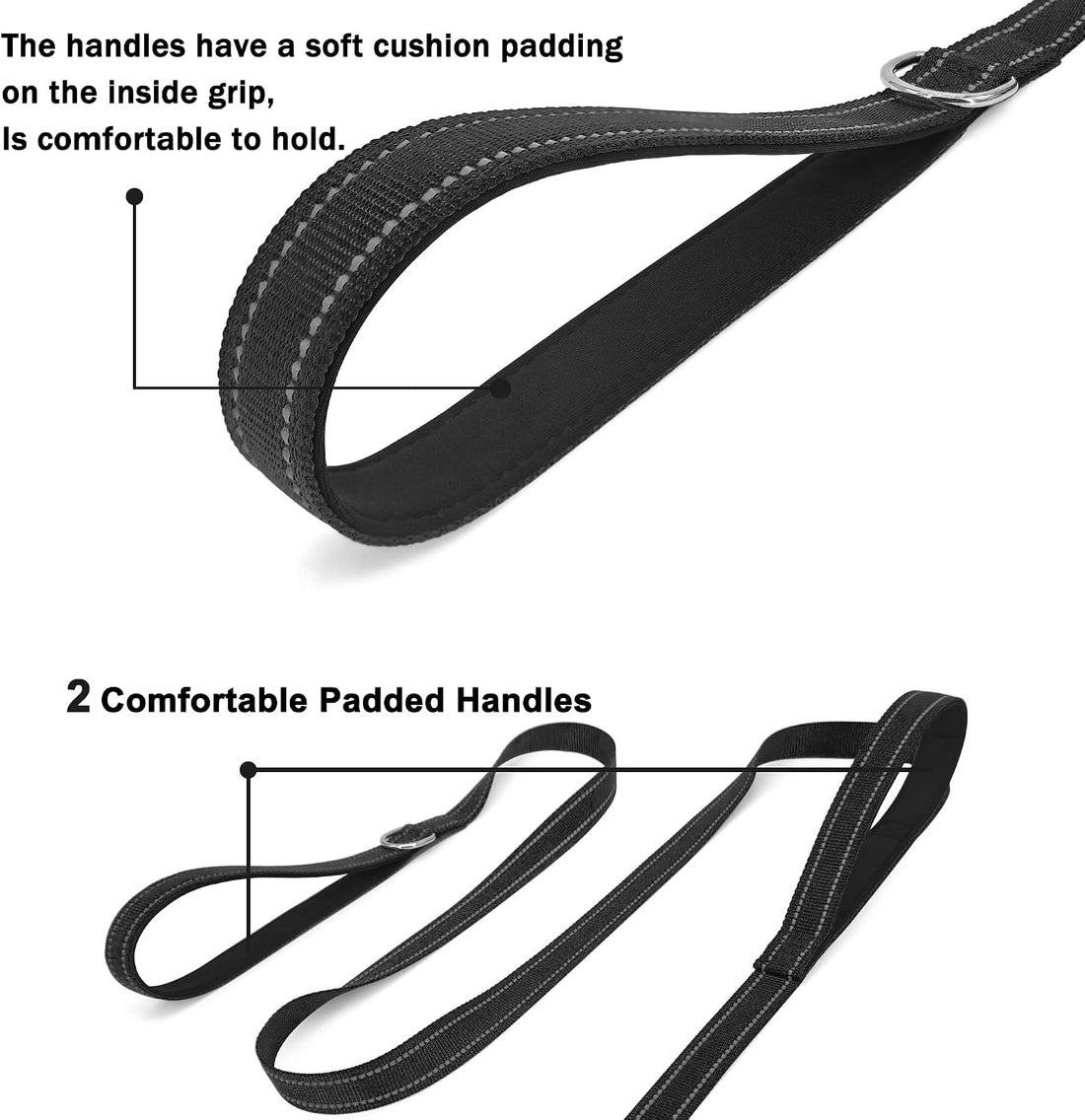6 FT Black Nylon Reflective Dog Leash for Large Dogs with 2 Padded