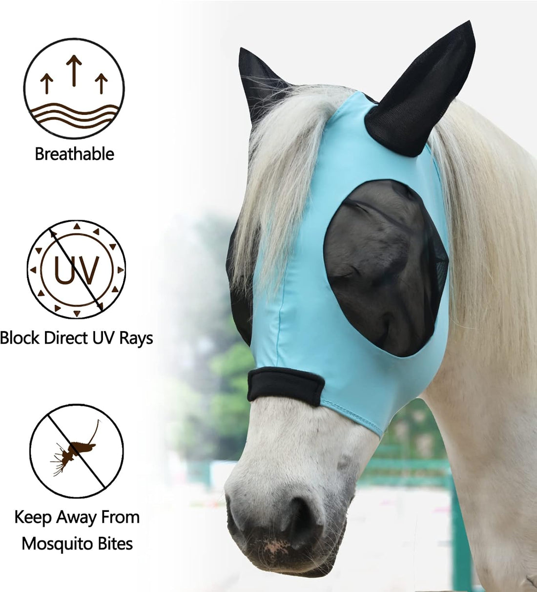 Stretchy Horse Fly Mask with Ears, Large Eye Space Paleblue Cob
