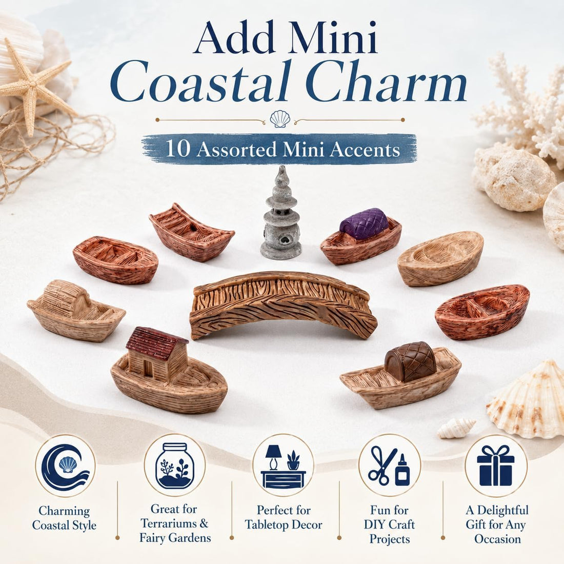 10 Mini Resin Boats Set, Sailboat Figurines for Fairy Garden Decor