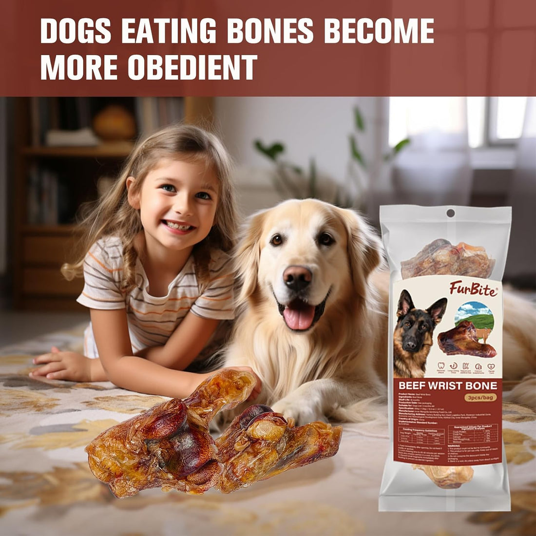 3 PCS Single Ingredient Beef Wrist Bones for Dogs