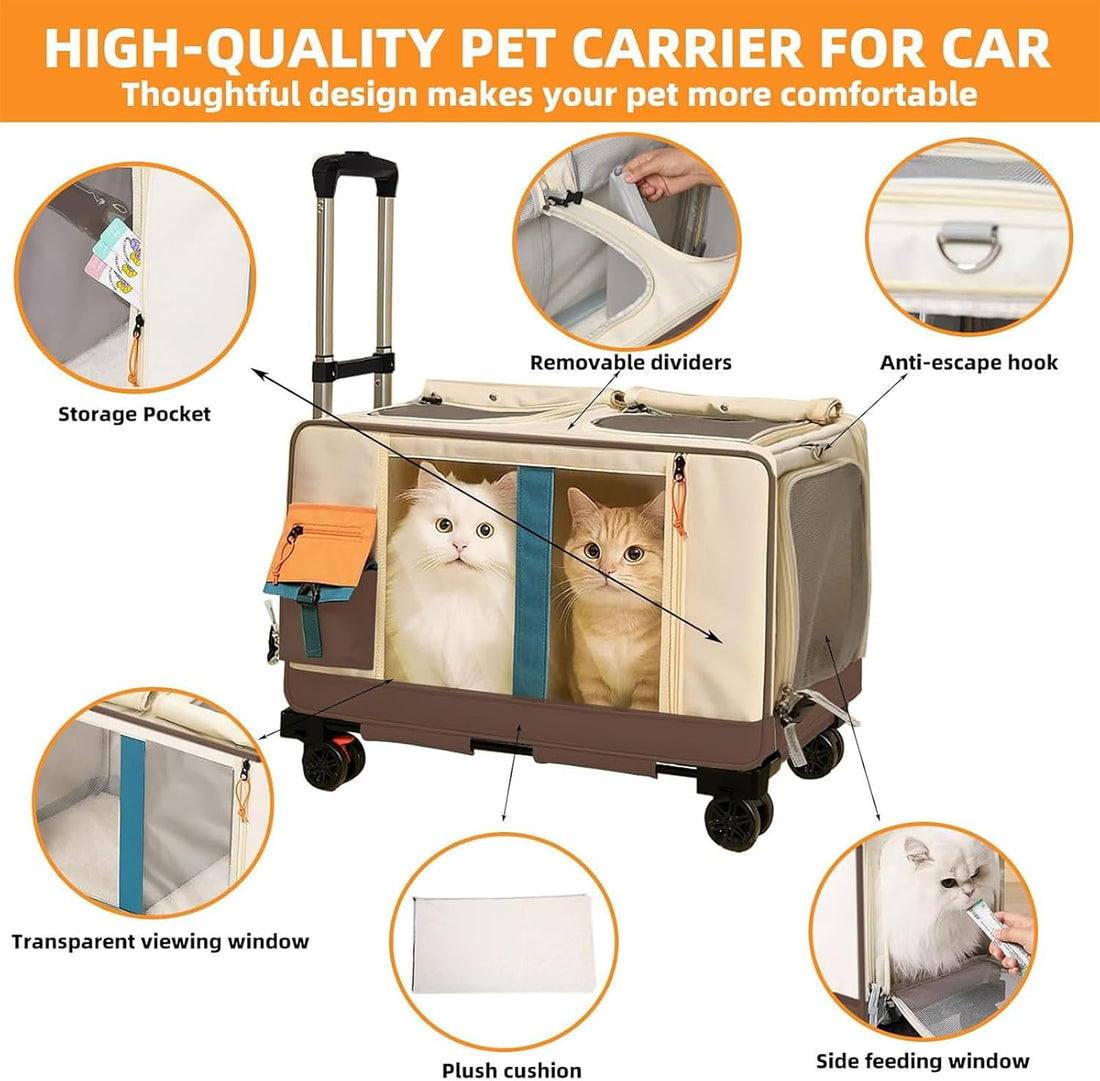 Large Cat Carrier with Wheels, Rolling Folding Soft-Sided for 2 Cats