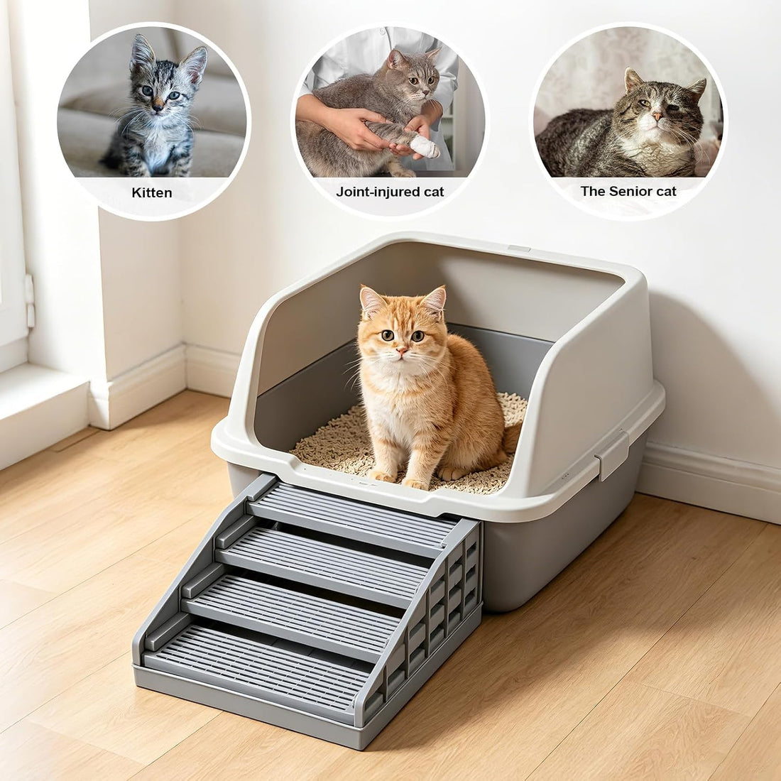 Adjustable Litter Box Step, Elevated Cat Ramp/Stairs with Filter