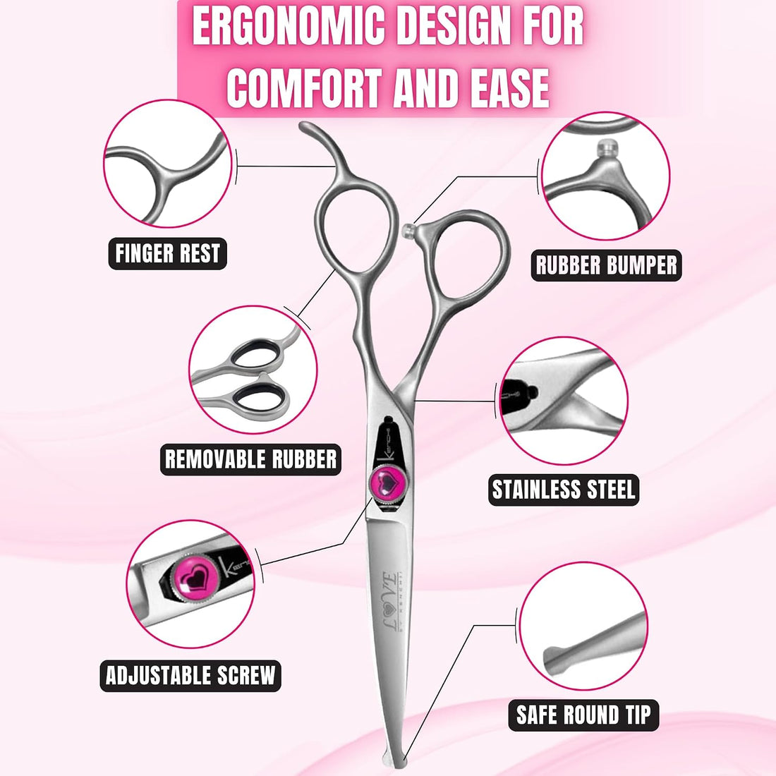 Kenchii Love Dog Grooming Shears, 6.5in Ball Tip Curved