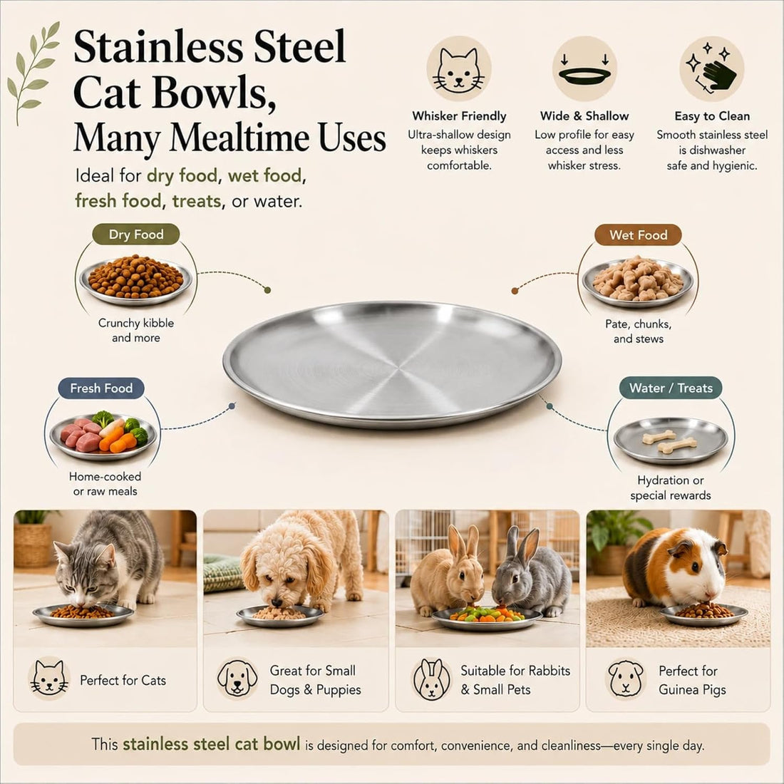4 Pack Stainless Steel Shallow Cat Bowls,Whisker Safe Cat Plates