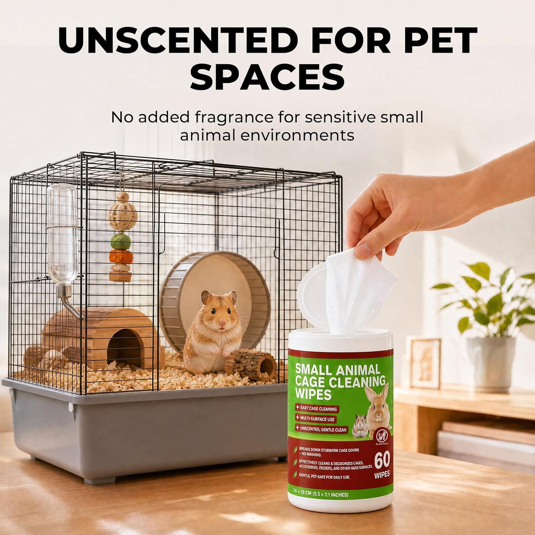 Small Animal Cage Cleaning Wipes, Unscented, 2 Pack 120 Wipes