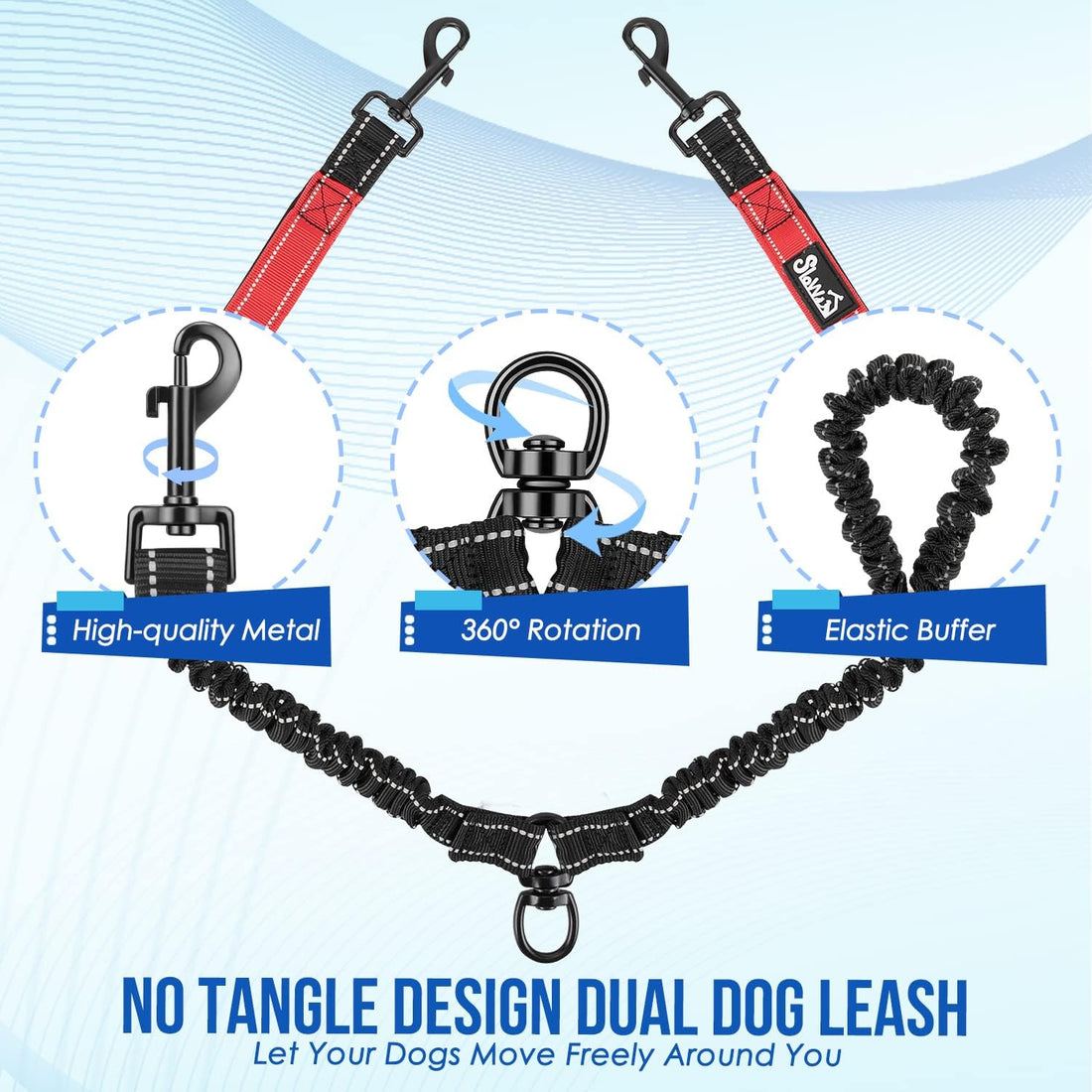 SlowTon Double Leash for Two Dogs, No Tangle & with Two Handles, Red L