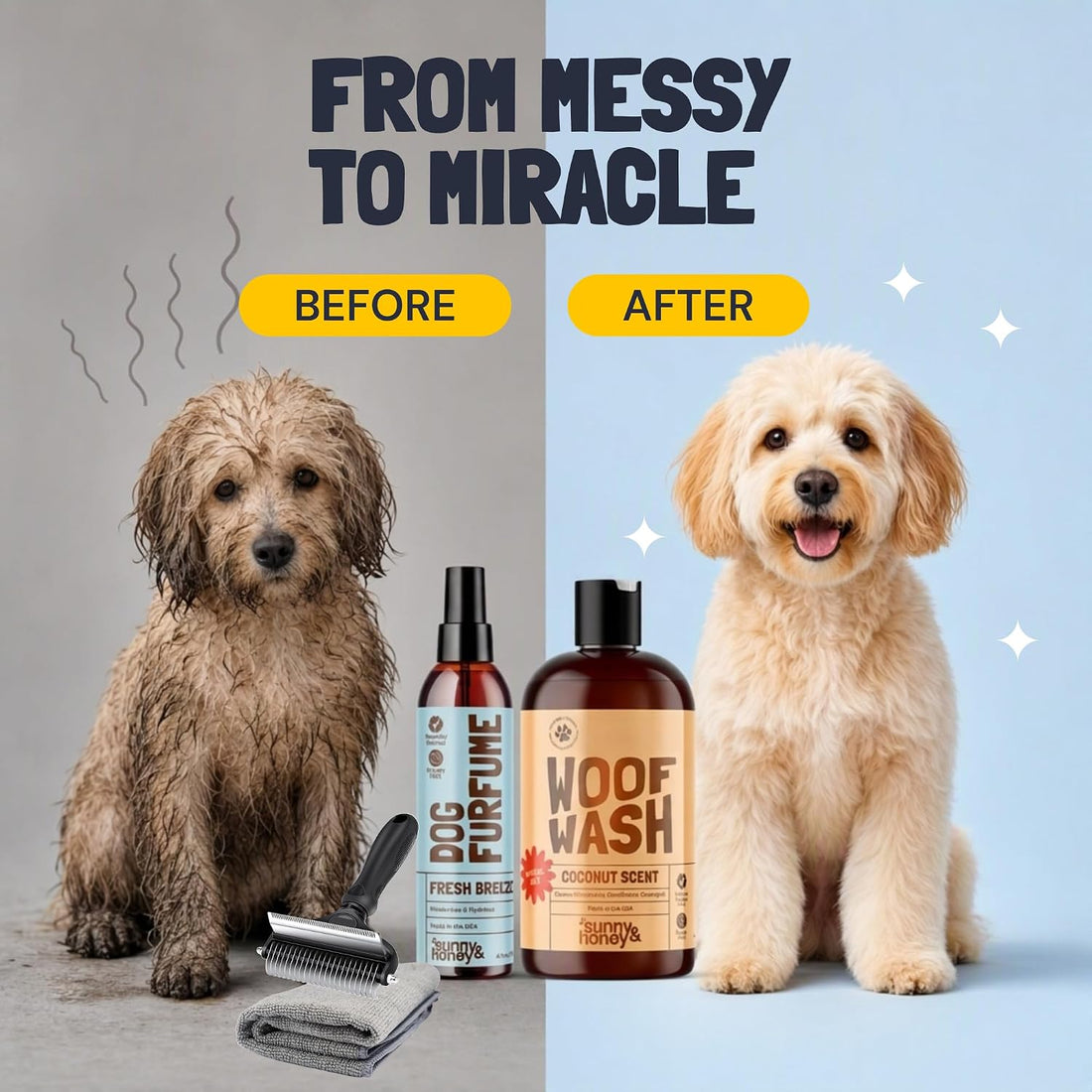 Detangling Dog Shampoo and Conditioner with Dog Perfume, Sunny & Honey
