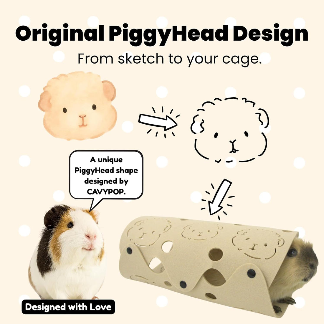 Guinea Pig Tunnel, Washable Felt Hideout, Cavyhead Design,Beige