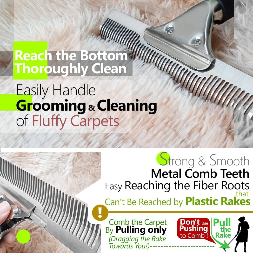 Pet Hair Carpet Rake, Multi-Surface Brush & Broom for Fluffy Rugs