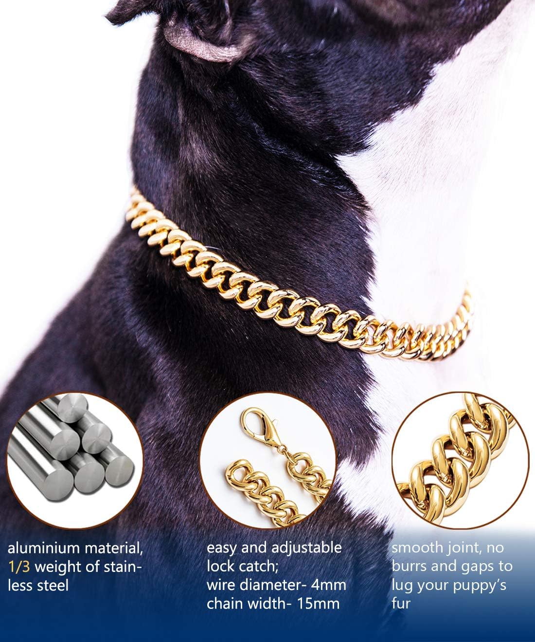 Gold Chain Dog Collar-15mm Cute Dog Collar Pet Gold Necklace Bulldog