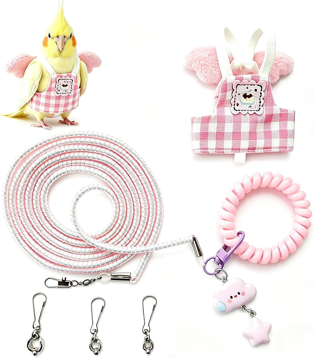 Dual-Use Bird Harness & Bungee Leash Set w/Wings, 3 Rings, Yellow