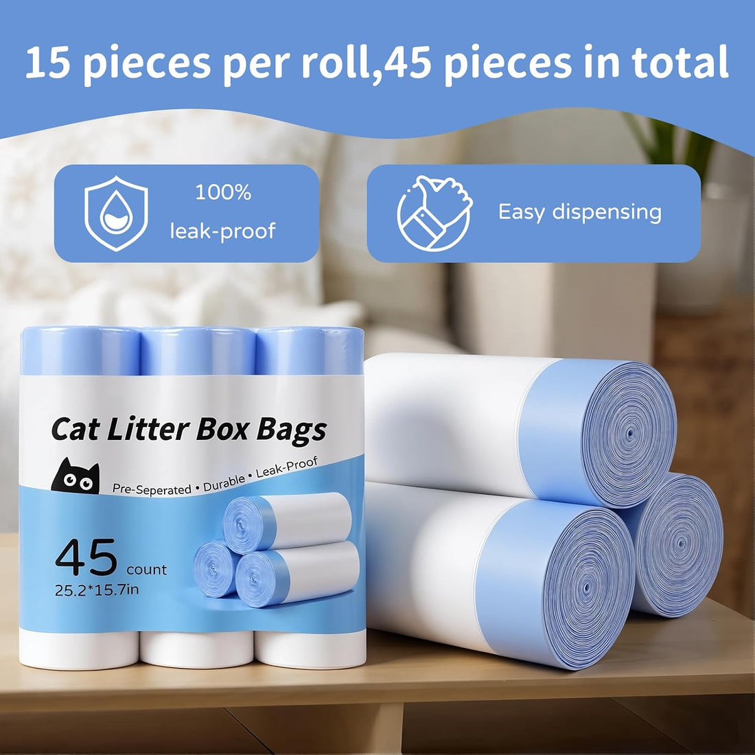 45 Count Tear-Free Waste Drawer Liners Bags Compatible with Litter