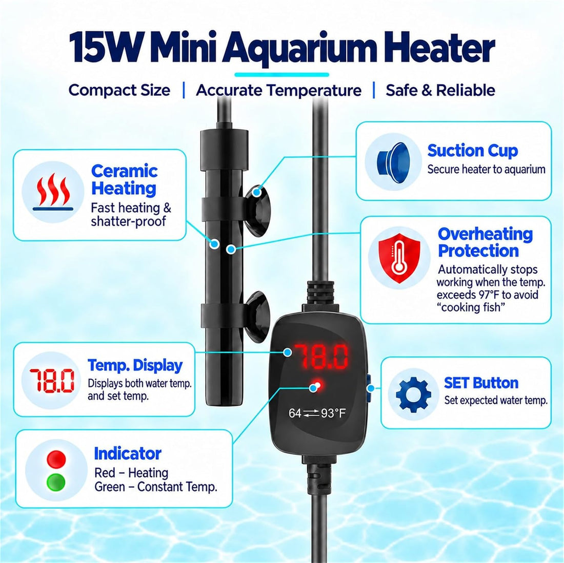Thumb-Sized 15W Super Mini Aquarium Betta Heater with Digital Display