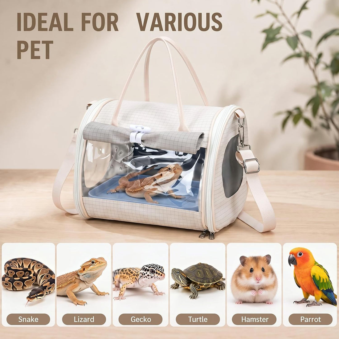 Eccliy Bearded Dragon Travel Carrier Reptile Bag with Flexible Light