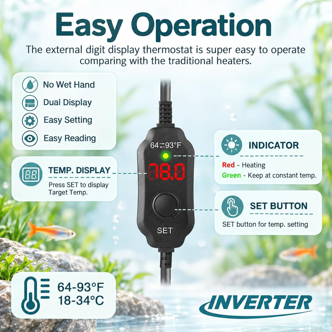 100W Aquarium Heater for 10-20 Gal Tanks with External LED Temp