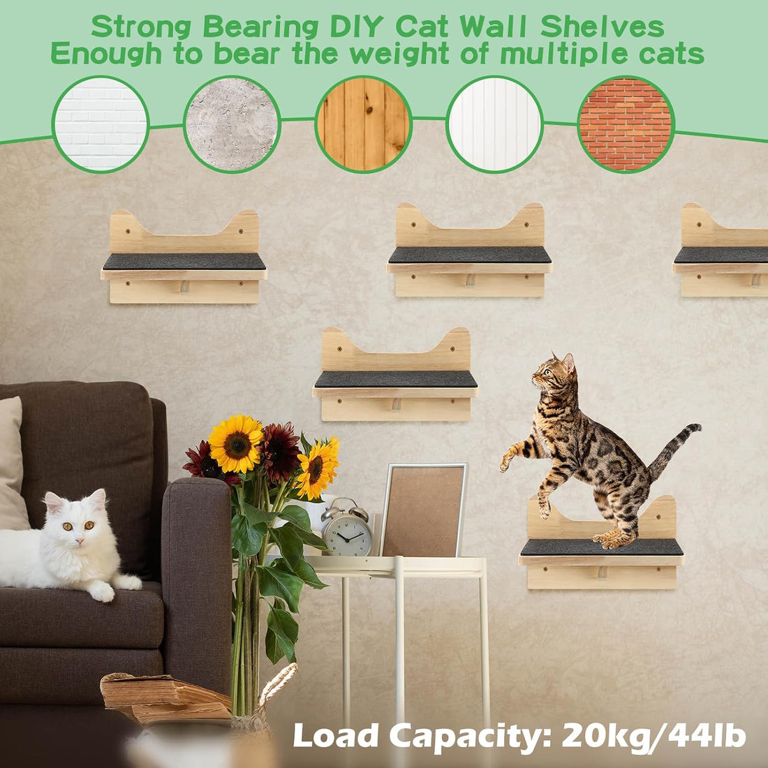 Lenwen 6 Set Cat Wall Shelves, Wood Cat Climbing Step, Wall Mounted