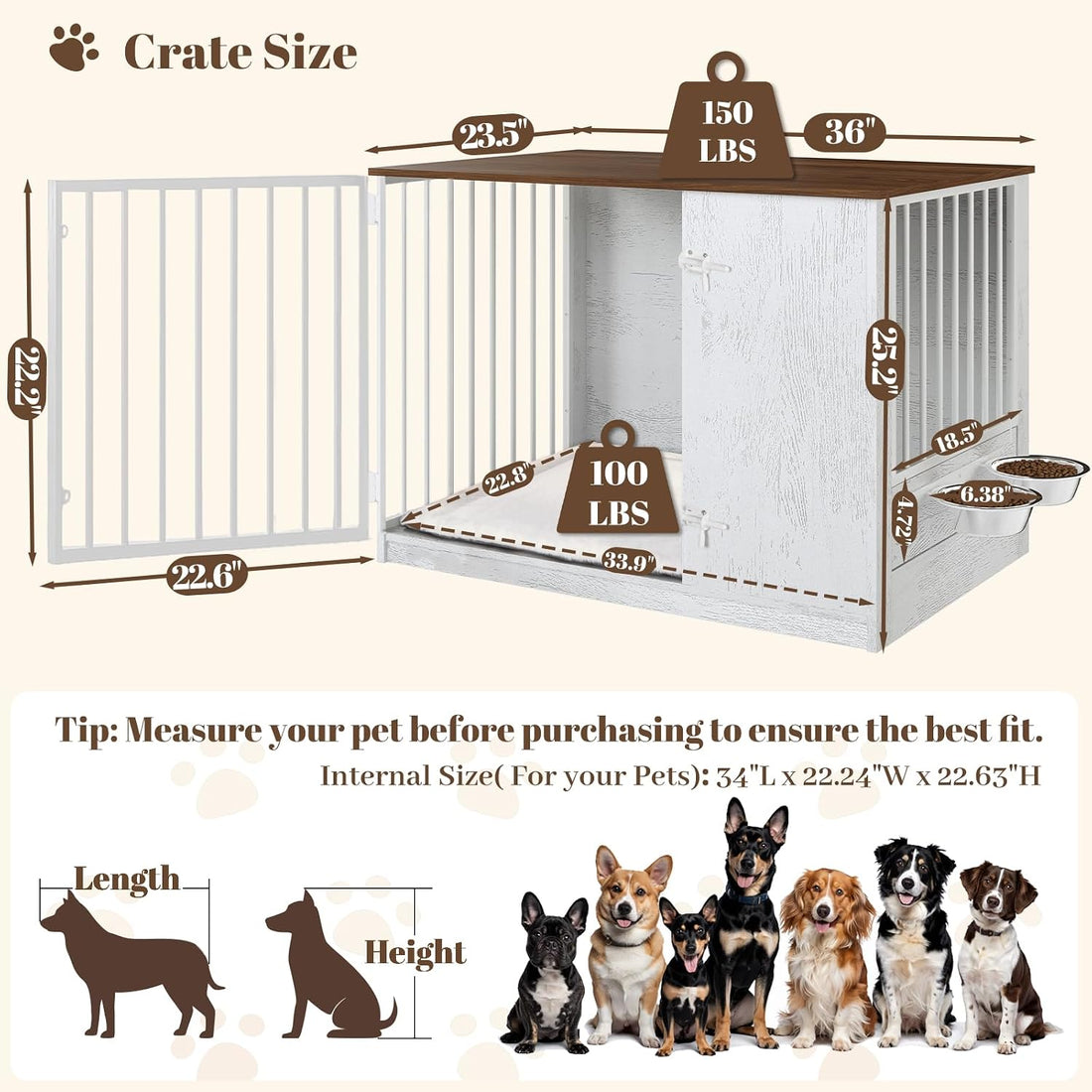 TBWIND 36" Dog Crate Furniture End Table for Medium Dogs, White