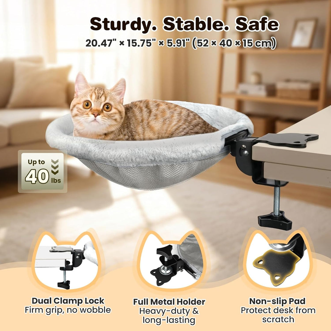 Cat Desk Bed, One-Click Foldable Cat Bed for Desk Hammock Up to 40 Lbs