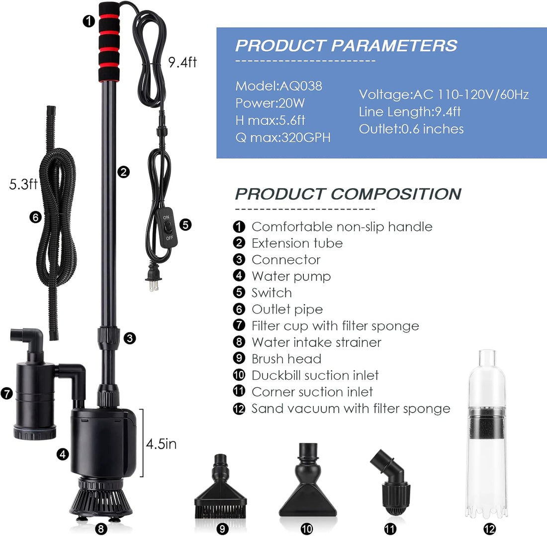 AQQA 6-in-1 Electric Aquarium Gravel Cleaner