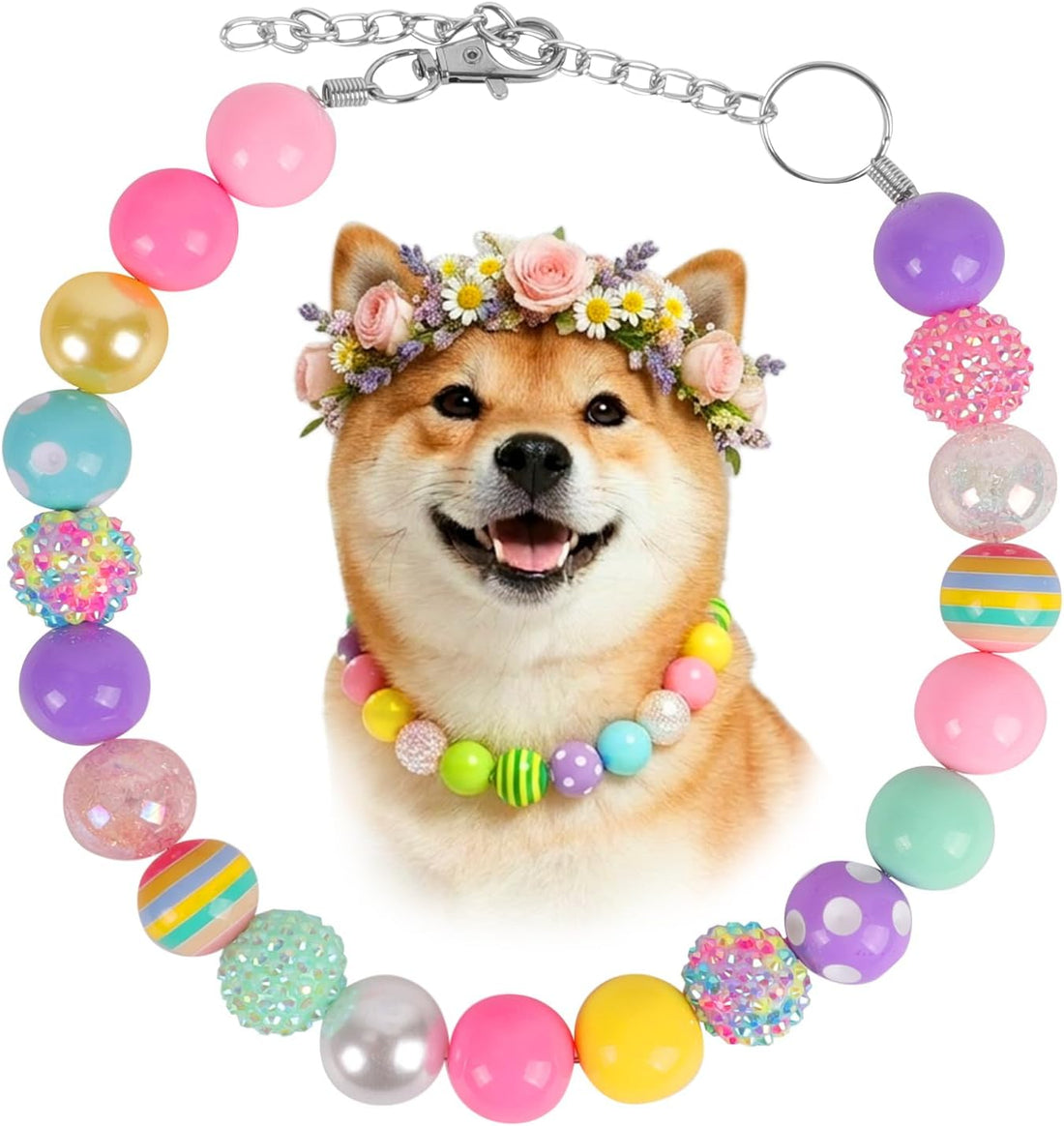 Pearl Bead Dog Collar Necklace with 20 Chunky Beads, Adjustable Chain