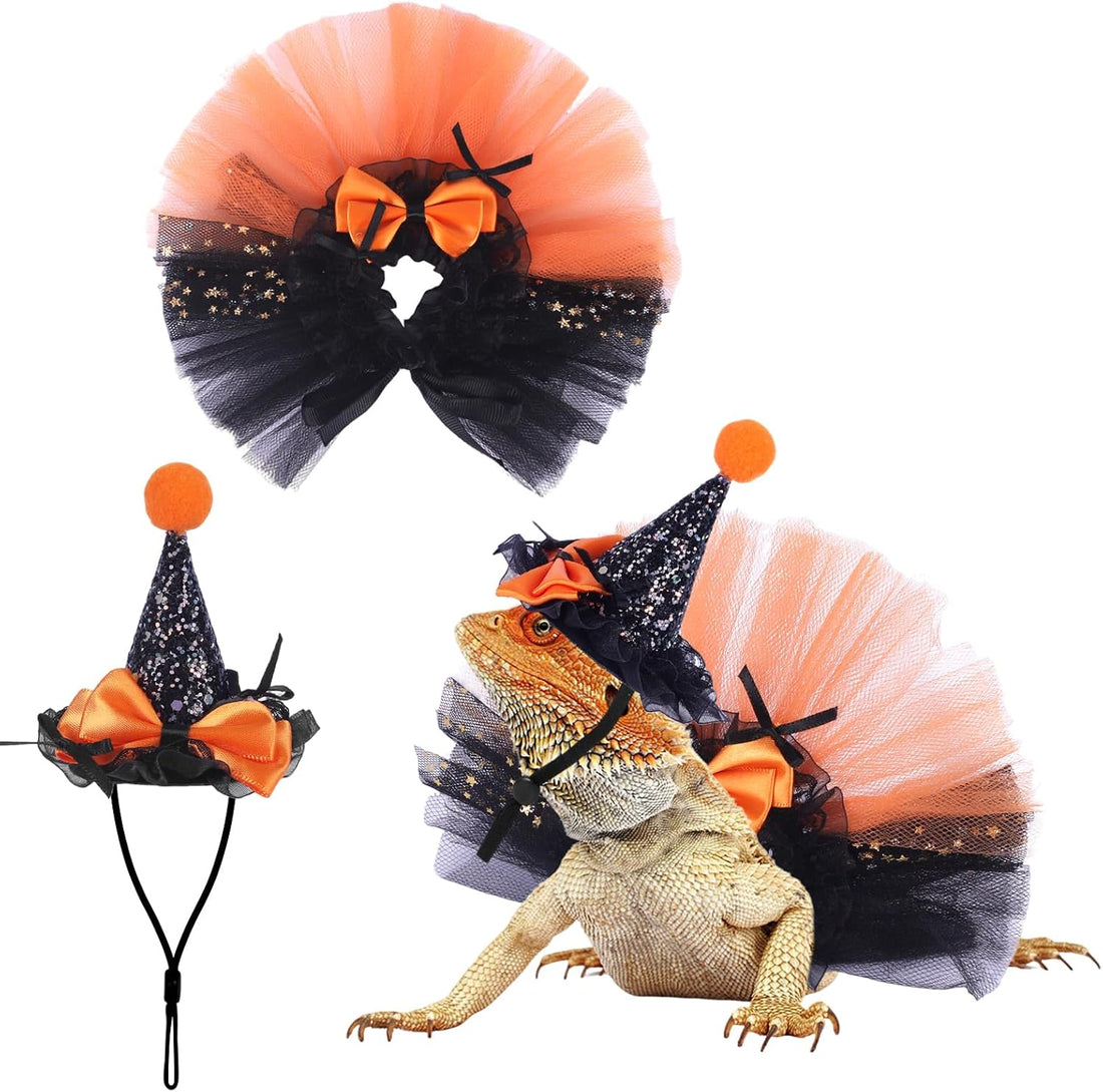 2pcs Bearded Dragon Witch Costume Set Small Pet Adjustable Hat Bow