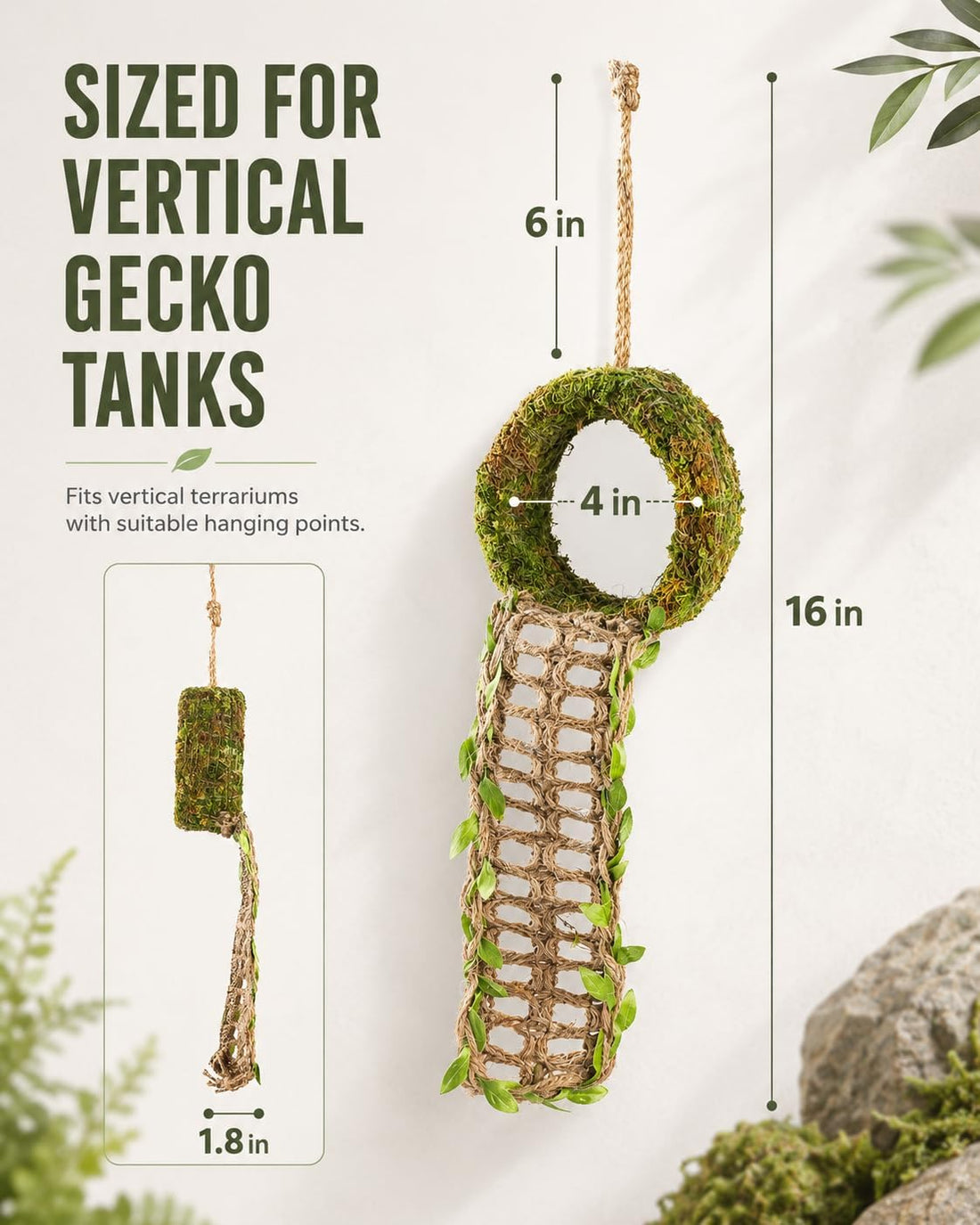 Crested Gecko Hide, Hanging Moss-Style Reptile Hideout with Rope