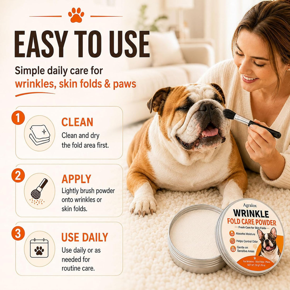 Bulldog Wrinkle Powder for Dogs with Brush, Moisture & Odor Care, 50 g