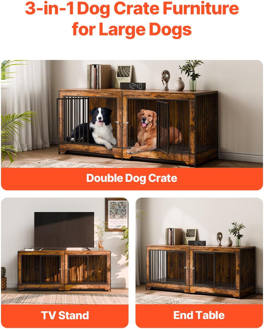 VEVOR 75 inch Dog Crate Furniture for 2 Dogs, Divider, Double Doors