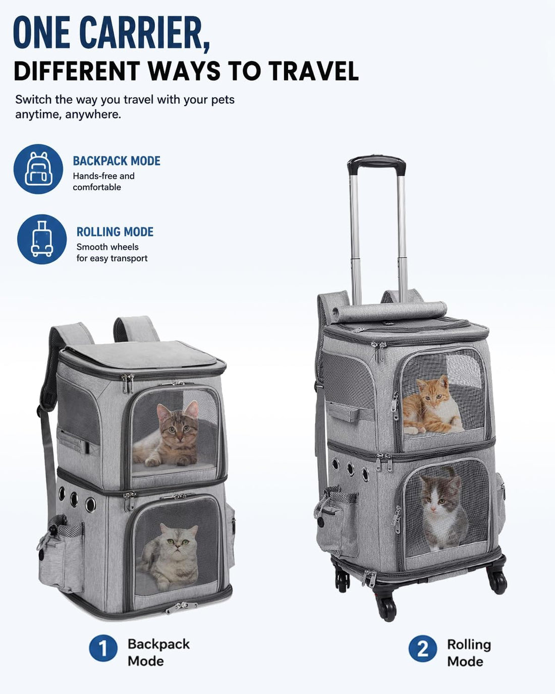 HOVONO Double-Compartment Cat Backpack Carrier with Wheels for 2 Pets