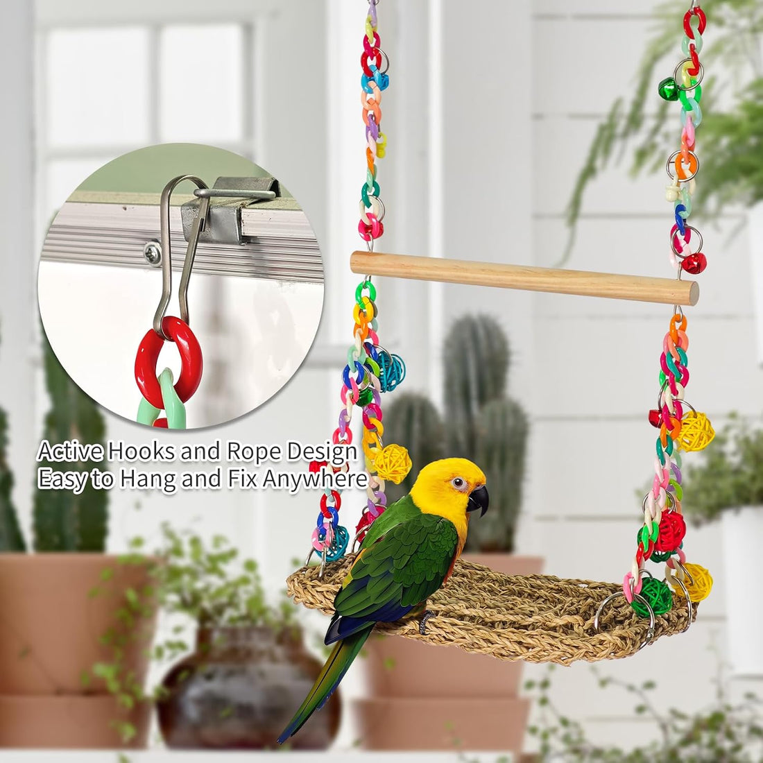 Natural Bird Swing Toys with Wood Perch,Double Layer Bird Seagrass