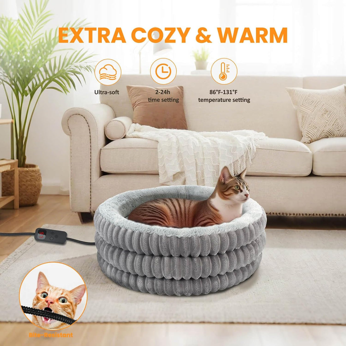 Heated Cat Bed Indoor, 20" Round Donut Deep Sleep Calming Heated Pet