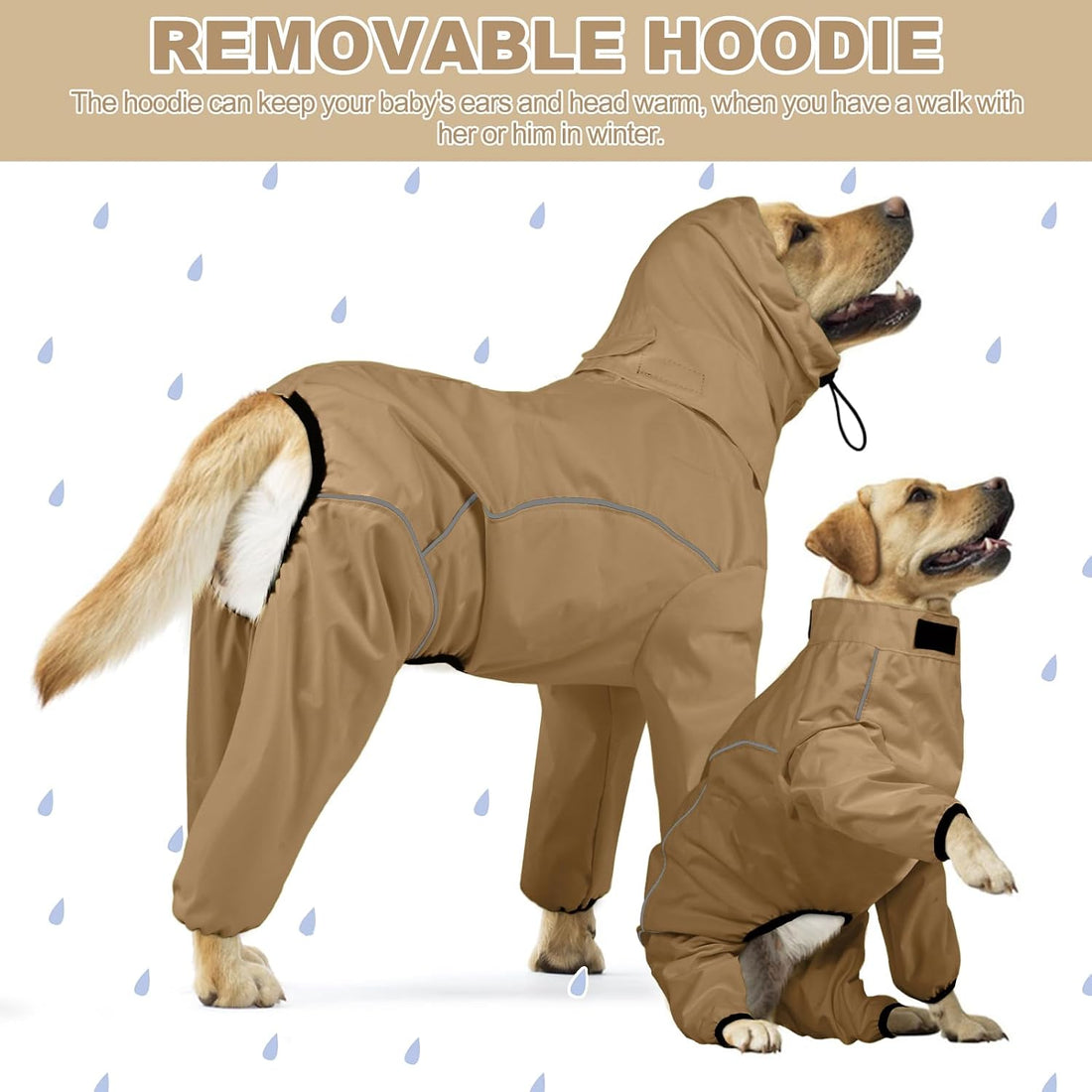 ADINIKIA Dog Raincoat,Waterproof Rain Jacket with Removable Hood,Khaki