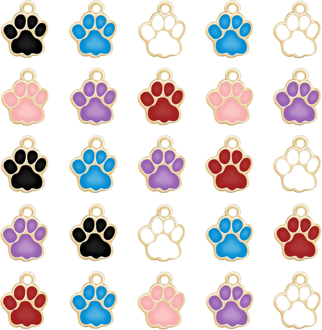 60Pcs 6Colors Dog Paw Footprint Charms Alloy Gold Enamel Animal Puppy
