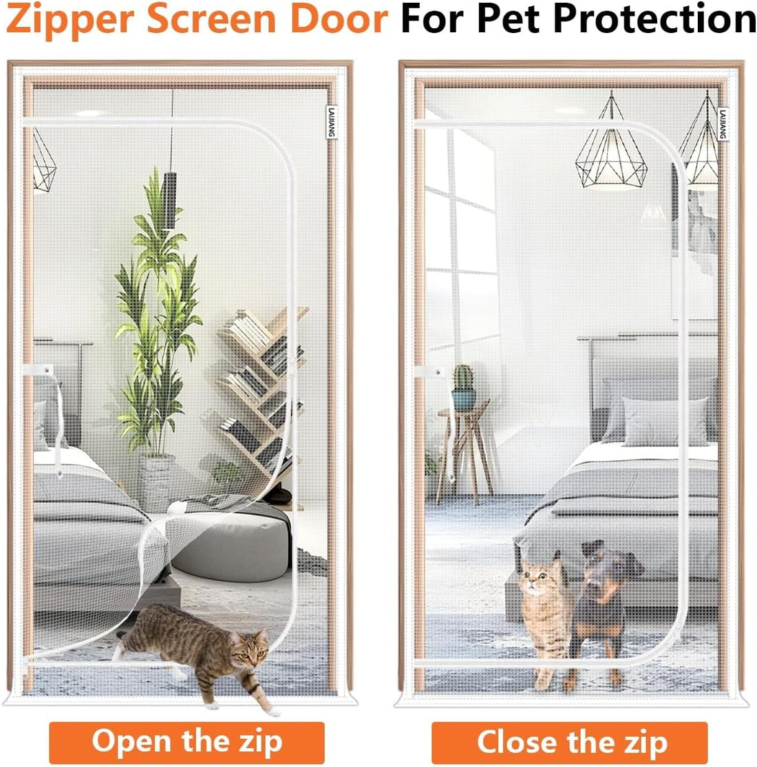 Reinforced Cat Screen Door with Zipper Fits Openings 42x85''