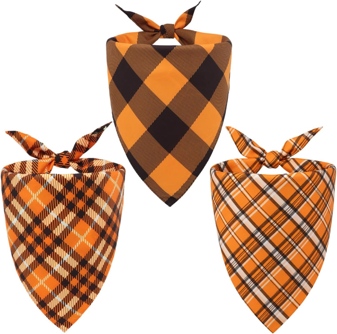 Halloween Dog Bandanas 3 Pack Large Fall Pet Scarf Orange Plaid
