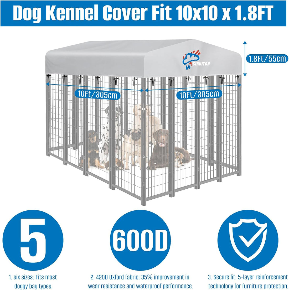 SIRUITON 8x4FT Outdoor Dog Kennel Replacement Cover,Heavy Duty 600D