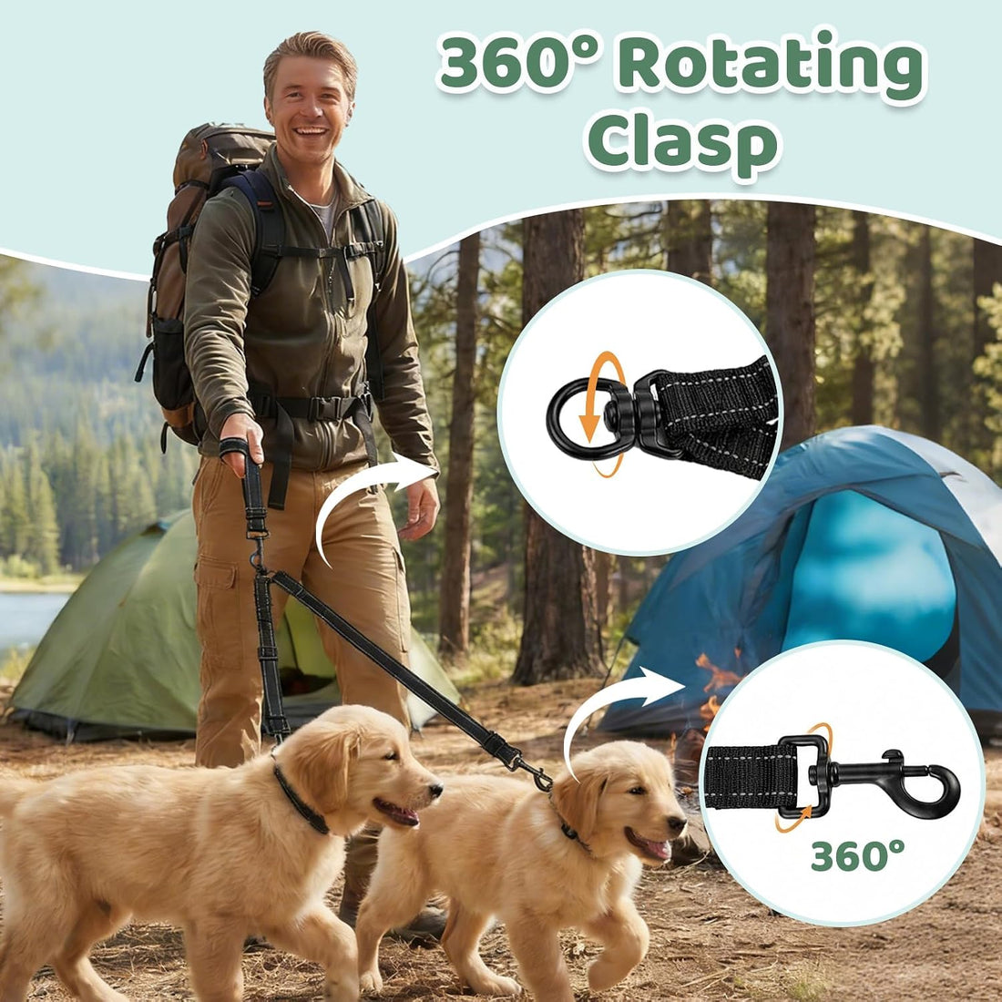 Double Dog Leash for 2 Dogs - No Tangle 360°Swivel Splitter