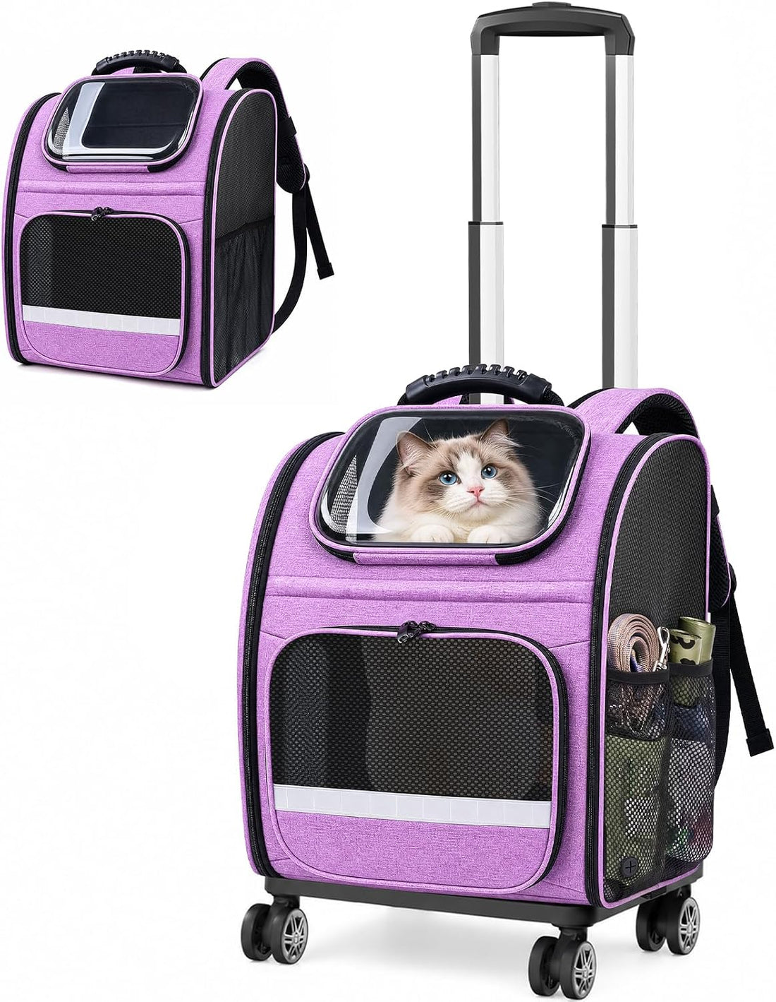 Pawtners Rolling Cat Carrier Backpack with Wheels for Cats Small Dogs