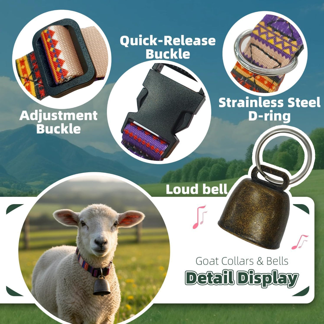 Goat Collars and Bells,Durable Nylon Adjustable Collar
