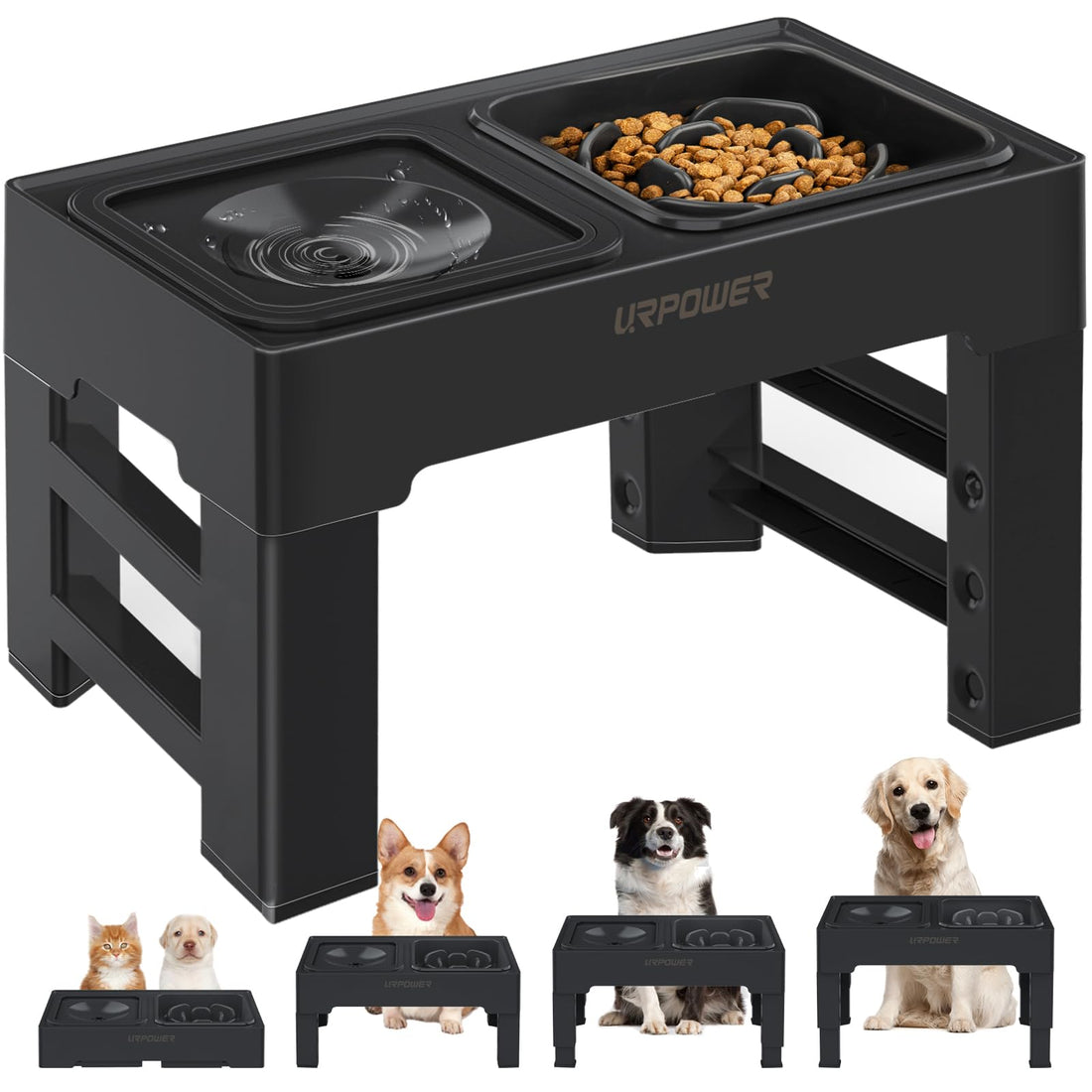 URPOWER 2-in-1 Elevated Slow Feeder Dog Bowls with No-Spill Water Bowl
