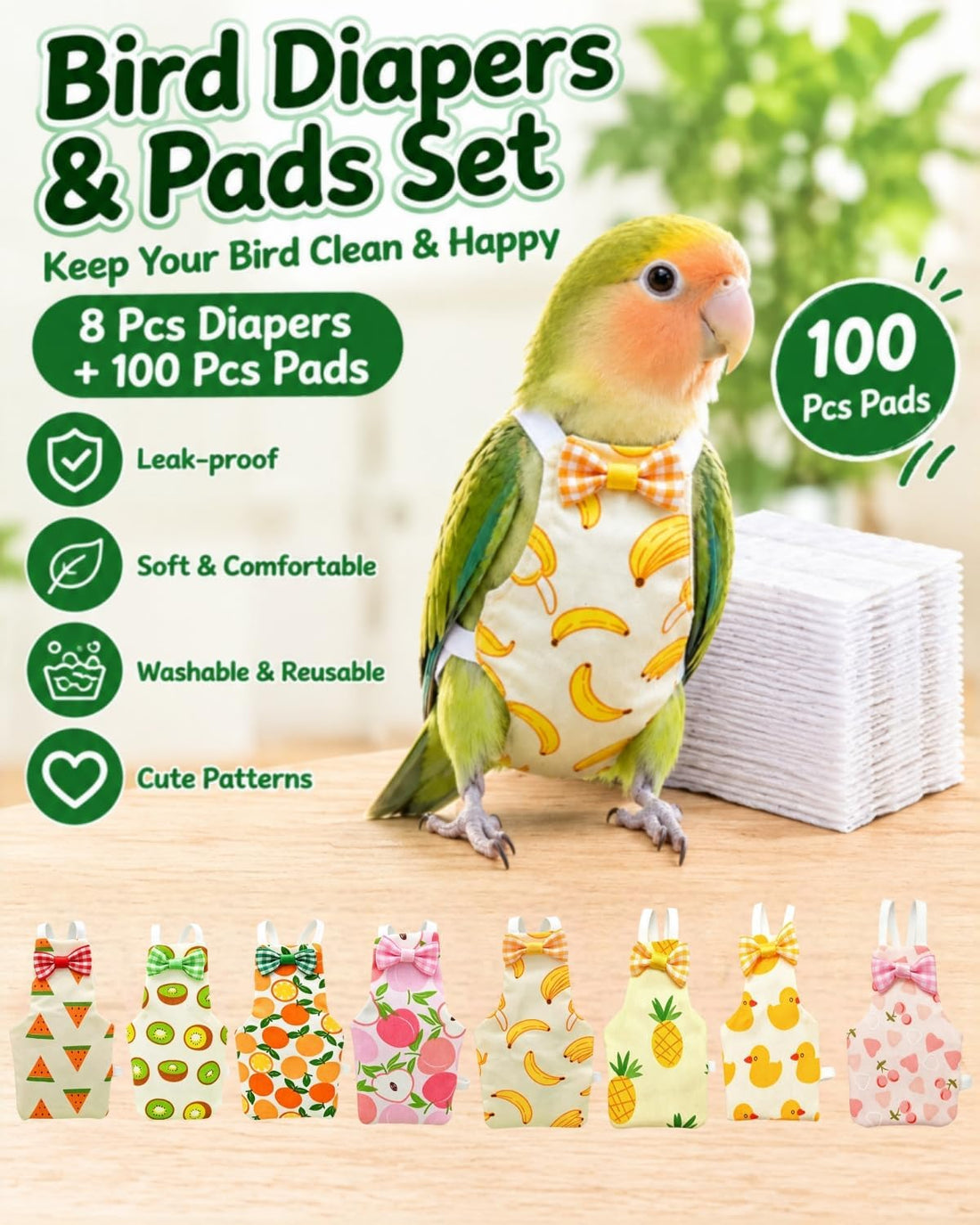 8Pcs Bird Diaper Set, Cockatiel Diaper & Parakeet Diaper