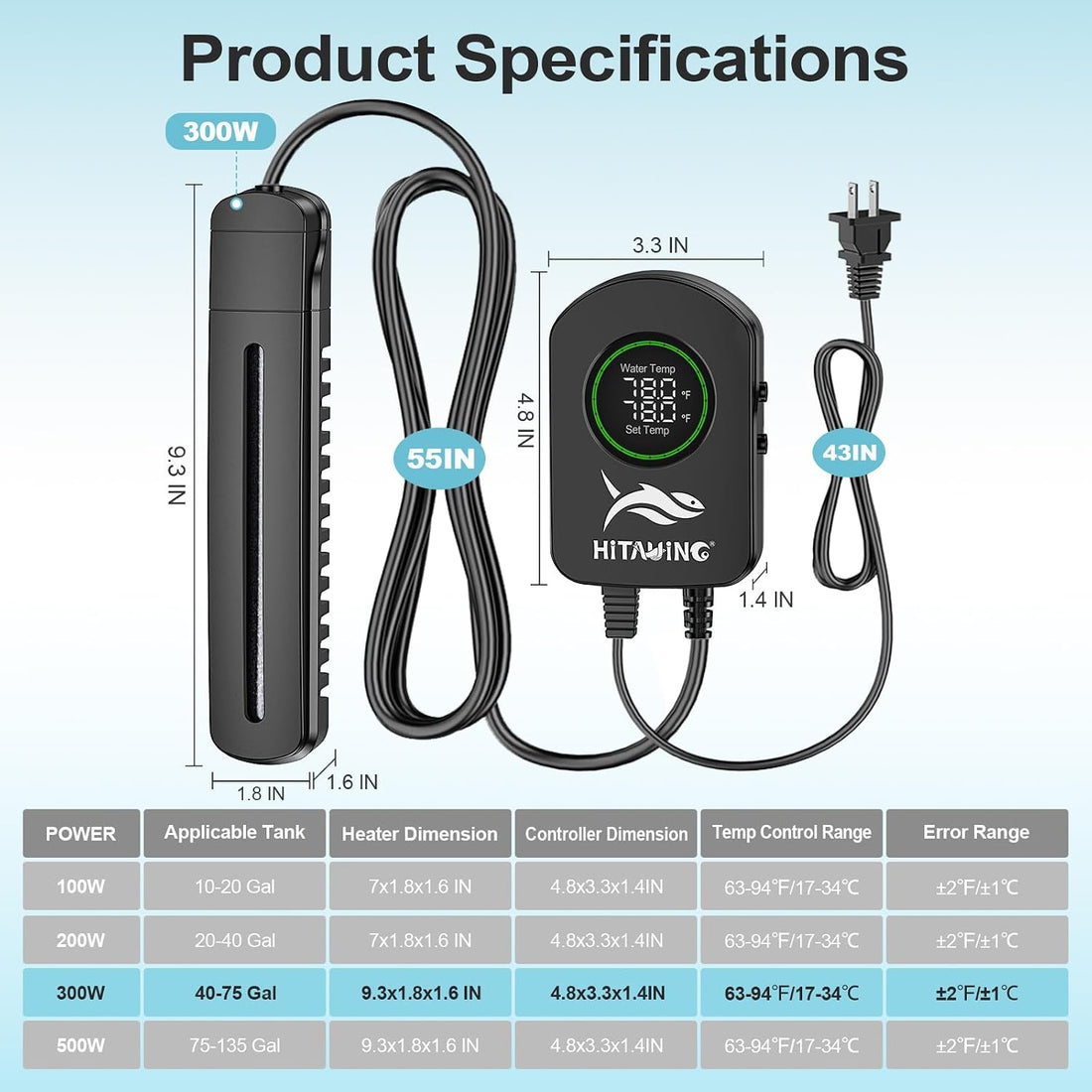 HiTauing Aquarium Heater, 100W/200W/300W/500W Fish Tank Heater