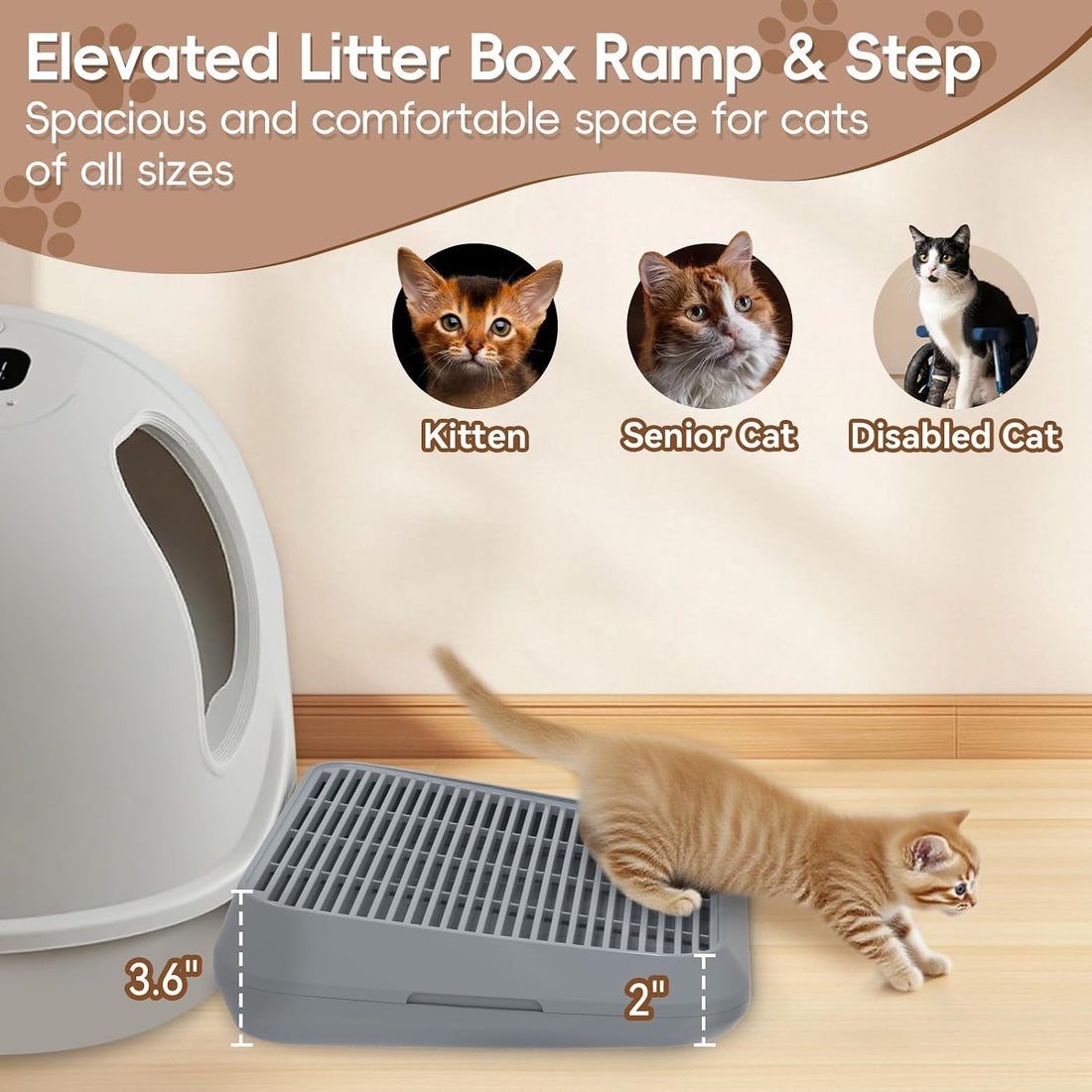 Elevated Litter Box Ramp/Steps for Kittens & Old Cats,Washable Litter