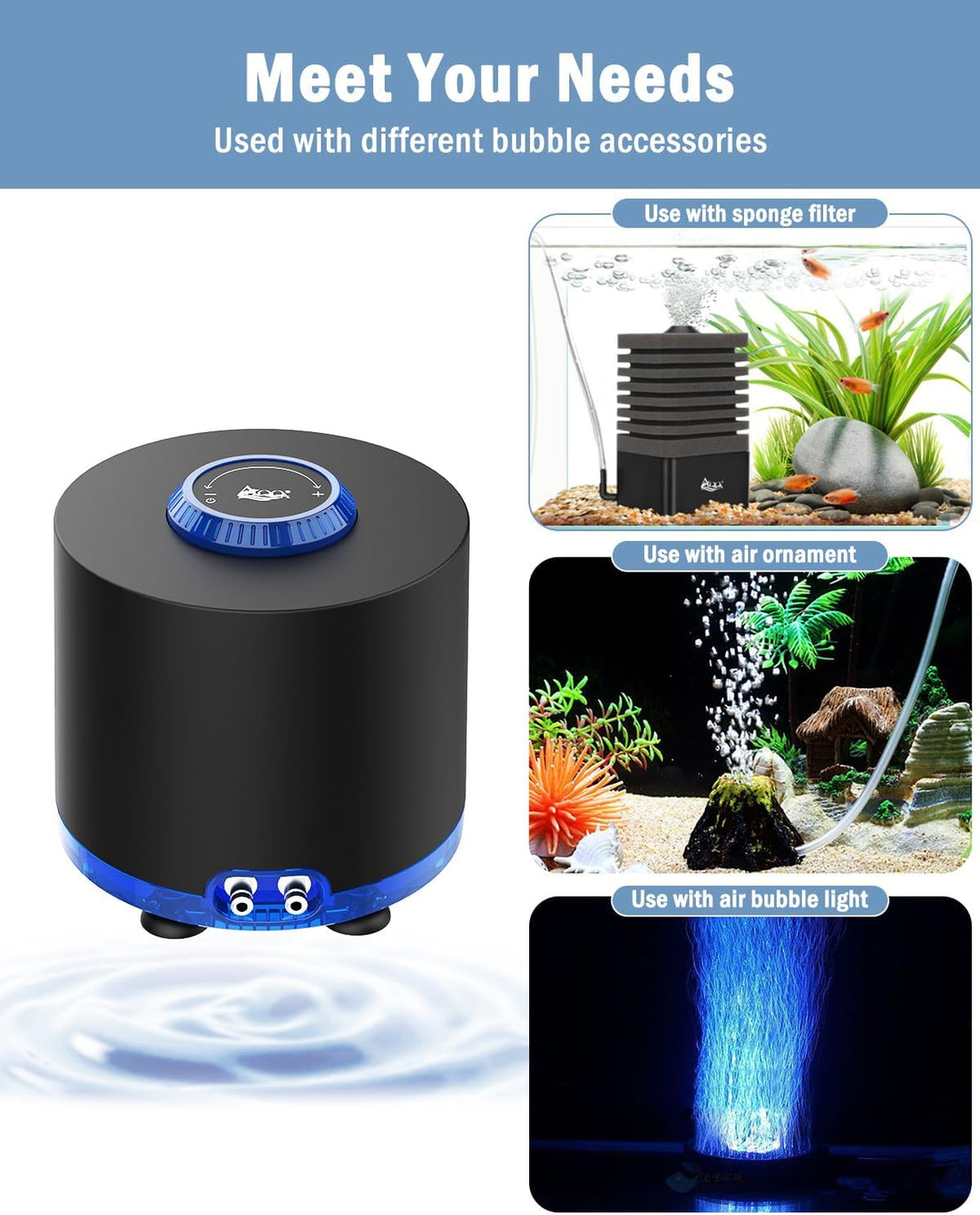 AQQA Aquarium Air Pump, 3W Powerful Dual Outlet Adjustable Oxygen