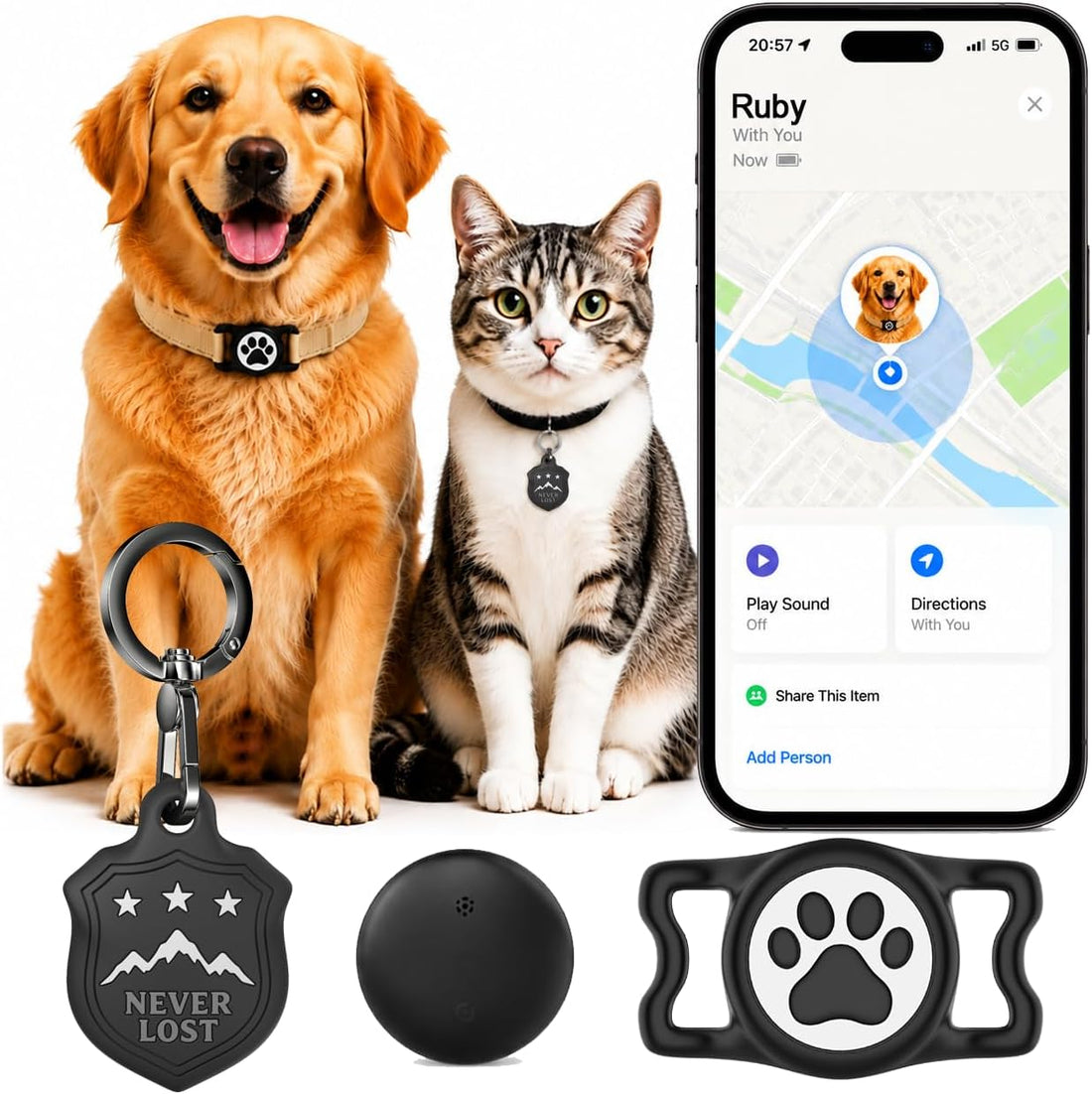 Dog Tracker with Apple Find My, GPS Pet Tracker for Dogs and Cats