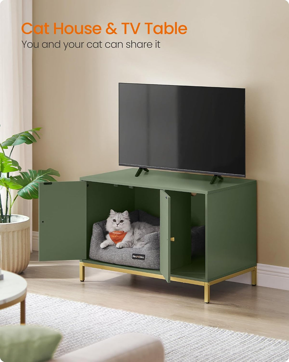 Feandrea Cat Litter Box Enclosure, with Scratching Mat, Tall Legs