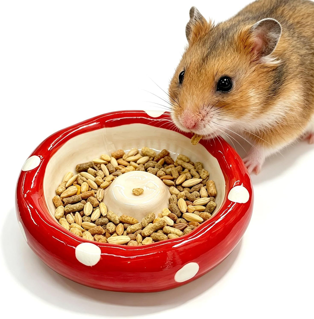 Hamster Mushroom Cap Shape Ceramic Food Bowl, Anti-Spill Non-Tip
